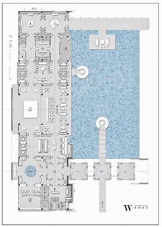 the floor plan for an indoor swimming pool and hot tub, which is surrounded by water features