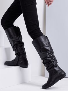 PU negro  Collar     Embellished Tall Slouchy Boots, Scrunched Boots, Women's Knee High Boots, Office Works, Slouch Boots, Boots Tall, Slouchy Boots, Slouched Boots, Boots Heels