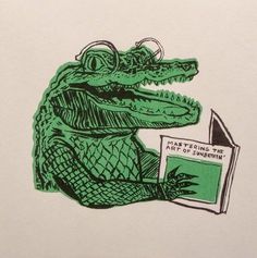 a drawing of a crocodile reading a book