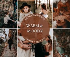 a collage of photos with the words lightroom presets warm and moody