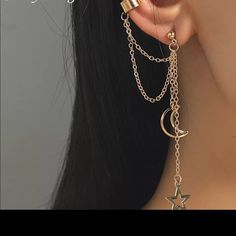 Bundle For Great Deal Brand New Fast Shipping Smoke Free Home Amazing Prices Tags Necklace, Rings, Anklets, Earrings, Jewelry, Handbags, Swimsuits, Shirts, Accessories, Sunglasses, Belts, Bangles, Chokers And More Ear Piercing Chain, Interesting Accessories, Earring Inspo, Necklace Rings, Chain Earring, Star Chain, Black Chain, Moon Star, Girly Jewelry