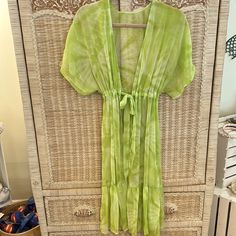 Lime Green Beach/Pool Swimsuit Cover~Up~Small~High Waisted Sheered Belt~So Cute!!! Never Worn!!! V-neck Beach Dress With Tie Waist For Vacation, V-neck Tie Waist Beach Cover-up, Green V-neck Beach Dress, Green V-neck Cover-up For Beach Season, Fitted Short Sleeve Cover-up For Vacation, Spring V-neck Swimwear With Tie Waist, Spring Beach Party One-piece Cover-up, Fitted One-piece Summer Cover-up, Green Spring Cover-up For Beach Party