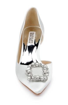 Soft White Fabia D’Orsay With Crystal Buckle Front Satin Pumps, Classic Shoes, Kitten Heel, Badgley Mischka, Soft White, Silk Satin, Women's Pumps, Kitten Heels, Heel Height