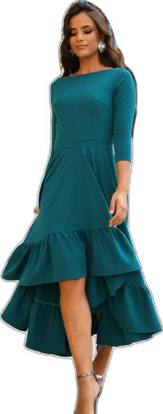 Chic Fitted Dark Green Midi Dress, Chic Fitted Dark Green Dress, Dark Green Spring Party Midi Dress, Dark Green Midi Dress For Spring Party, Dark Green Ruffled Dress For Party, Chic Dark Green Knee-length Dress, Party A-line Maxi Dress With Ruffle Hem, Chic Dark Green Formal Dress, Party High Low Midi Dress