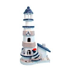 a white and blue lighthouse is shown on a white background