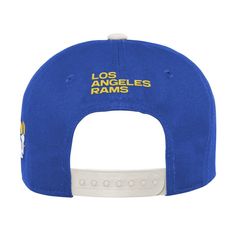 the los angeles rams hat is shown in blue and white with gold lettering on it