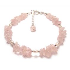 A beautiful Sterling silver bracelet featuring Rose Quartz gemstone chips interspersed with plump, smooth rice Pearls. The natural gemstone Rose Quartz chips used in this bracelet are a lovely delicate pink, each is chosen in shape and size to complement the others on the bracelet. Dainty Pink Natural Stone Bracelet, Dainty Pink Bracelet With Natural Stones, Dainty Rose Quartz Bracelets With Natural Stones, Delicate Silver Gemstone Bracelets, Dainty Rose Quartz Bracelet With Natural Stones, Elegant Rose Quartz Gemstone Beaded Bracelets, Elegant Pink Crystal Sterling Silver Bracelet, Elegant Rose Quartz Gemstone Beaded Bracelet, Delicate Rose Quartz Bracelets With Natural Stones