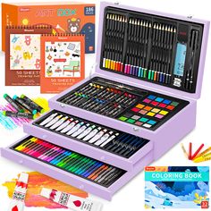 the art box is filled with markers, crayons, and pencils for kids