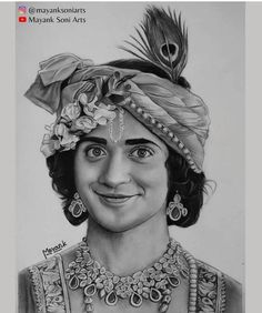 a black and white drawing of a woman wearing a turban with feathers on her head