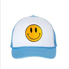 Snap On Closure Hand Wash Only Sun Protection: This Smiley Face Cap Is Perfect For All Seasons. Trendy Hats Keep Your Head Cool In The Summer And Warm During Winter, As Well A Protecting You From Sunburns When It's Hot Outside. Our Smiley Hat Will Protect Your Eyes From The Sun, And Shield Your Face From Harmful Uv Rays. It’s Perfect For A Day Out In The Town. The Trucker Cap Is Extremely Lightweight And Breathable. You'll Forget You're Wearing It! Fit Everyone: Cute Trucker Hats Are Comfortable And Secure To Wear! This Mesh Trucker Hat Has An Adjustable Plastic Snap Closure At The Back For You To Change The Size When You Wearing It. The Perfect Fit Ensures That This Smile Trucker Hat Is Blue Cotton Trucker Hat For Summer, Summer Blue Cotton Trucker Hat, Playful Blue Trucker Hat For Summer, Blue Trucker Cap For Spring, Trendy Embroidered Trucker Hat For Summer, Trendy Blue Trucker Hat For Spring, Trendy Blue Trucker Hat For Streetwear, Playful Blue Summer Trucker Hat, Blue Fun Trucker Hat For Spring