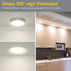 three images show the different lighting fixtures in this kitchen