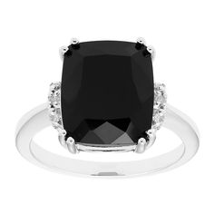 This stunning sterling silver diamond accent and black onyx ring is a must-add to your fine jewelry collection. This stunning sterling silver diamond accent and black onyx ring is a must-add to your fine jewelry collection. Width: 12.58 mm Metal: sterling silver Finish: polished Packaging: boxedSTONE DETAILS Stone type: onyx Total weight: 4 3/4 ct. Shape: cushion cut Setting: prongDIAMOND DETAILS Total weight: less than 1/10 ct. Shape: round Setting: micro pave Diamond weights are approximate. D Classic Black Rings With Accent Stones, Classic Black Jewelry With Center Stone, Classic Black Jewelry With Accent Stones, Formal Black Rings With Accent Stones, Black Formal Jewelry With Accent Stones, Formal Black Jewelry With Diamond Accents, Black Diamond Ring With Accent Stones For Formal Occasions, Formal Black Spinel Jewelry With Diamond Accents, Formal Black Diamond Ring With Accent Stones