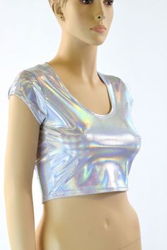 Silvery White FLASHBULB Holographic Cap Sleeve by CoquetryClothing Metallic Shiny Disco Top, Fitted Iridescent Tops, Metallic Shiny Stretch Tops, Metallic Shiny Fitted Tops, Fitted Metallic Shiny Tops, Fitted Silver Top For Festivals, Fitted Metallic Tops For Festival, Holographic Crop Top, Holographic Top