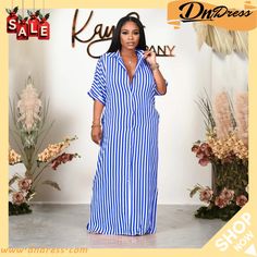 Fashion Mid Sleeve Loose Striped Shirt Long Dress Casual Fitted Shirt Dress For Beach, Striped Shirt Dress For Summer, Casual Collared Maxi Dress For Vacation, Striped Collared Dresses For Vacation, Striped Collared Vacation Dress, Casual Fitted Shirt Dress For Vacation, Casual Striped V-neck Shirt Dress, Casual Striped Shirt Dress With V-neck, Blue Casual Maxi Length Shirt Dress