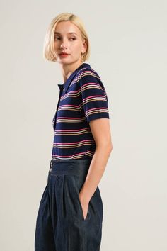 The Elsie Top will be a stylish and versatile addition to your wardrobe. This striped polo shirt features a classic collar, front button down placket, and short sleeves. 54% Polyester, 20% Acrylic, 20% Nylon, 6% Wool // Hand wash cold // Made in China Summer Striped Collared Polo Shirt, Striped Collared Polo Shirt For Summer, Striped Short Sleeve Polo Shirt For Summer, Summer Striped Polo Shirt, Summer Collared Polo Shirt With Horizontal Stripes, Casual Striped Short Sleeve Polo Shirt, Casual Summer Polo Shirt With Striped Collar, Classic Striped Collared Polo Shirt, Summer Short Sleeve Horizontal Stripe Polo Shirt