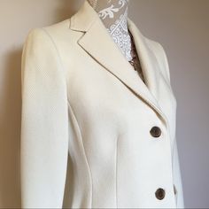 Lands' End Wool Blazer. Ivory. Fully Lined. New With Tags. Nwt. 90% Wool, 10% Nylon. 2 Front Pockets. Comes With Spare Buttons. Ladies Jacket Size 6. Spring Cream Tailored Sport Coat, Classic Winter White Outerwear With Button Closure, Classic Tailored Winter White Outerwear, Tailored Classic Outerwear In Winter White, Fitted Single Breasted Outerwear In Winter White, Fitted Single Breasted Winter White Outerwear, Classic Cream Sport Coat For Spring, Winter White Business Casual Blazer, White Winter Business Casual Blazer