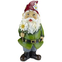 a garden gnome figurine holding a flower