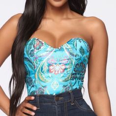 Beautiful Blue Bustier. Pair With Jeans, Skirt, Or Slacks. Padded Bra Cups. Back Zipper. Fashion Nova. Nwt Fitted High Waist Tube Top For Party, Fitted High Waist Tube Top For Club, Spring Corset For Date Night, Chic Blue Tube Top For Spring, Sleeveless Blue Corset For Spring, Chic High Waist Spring Corset, Chic High-waist Spring Corset, High Waist Corset For Night Out, Blue Sleeveless Tube Top For Club