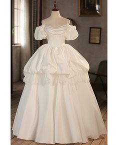 Buy princess ballgown lace satin wedding dress with pearls bubble sleeves at wholesale price online. Free shipping and pro custom service since 2009. Luxury White Princess Dress, Silk Satin Wedding Dress Pearls, Luxury White Princess Dress With Ruffles, Luxury White Princess Dress With Lace Bodice, Wedding Dress With Puff On Bottom, Premmie Dress From Wedding Dress, Poof At Waist Wedding Dress, 1865 Wedding Dress, Luxury Cream Victorian Wedding Dress