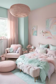 a bedroom with pastel colors and fur on the bed, pink chairs and rugs