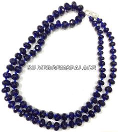 GEMSTONE   BLUE SAPPHIRE SHAPE            RONDELLE (FACETED SIZE                6 To 7.MM (WIDE LENGTH         20 INCH LONG NECKLACE COLOR          ROYAL BLUE QUALITY        AAAA+   BEAUTIFUL SAPPHIRE BEADS KNOTTED BEADS NECKLACE FOR PERSONAL USE OR GIFT FOR BIRTHDAY. WHOLESALE SHOP If you have any questions about this item please contact me I will get back to you as soon as. We accept bulk or wholesale orders for any gemstone which you'll get best wholesale prices! Hence you can contact me with Blue Faceted Oval Beads Jewelry, Blue Sterling Silver Beaded Necklace With Faceted Beads, Blue Faceted Rondelle Beaded Necklaces, Blue Gemstone Rondelle Beaded Necklace, Blue Gemstone Beaded Rondelle Necklace, Blue Crystal Necklaces With Gemstone Round Beads, Blue Faceted Round Bead Necklaces, Blue Faceted Necklaces With Round Beads, Blue Sterling Silver Beaded Necklace With Single Strand