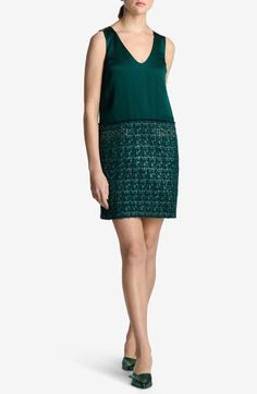 A solid twill front offers textural contrast to the metallic-tweed of this jewel-toned sleeveless dress cut in a leggy length. Hidden back-zip closure V-neck Sleeveless Side-seam pockets 40% polyester, 24% cotton, 22% wool, 5% acrylic, 5% polyamide, 3% viscose, 1% metallic fibers Dry clean Made in the USA Designer Clothing Elegant Sleeveless Tweed Dress For Work, Sleeveless Tweed Formal Dress, Sleeveless Tweed Dress For Formal Occasions, Elegant Sleeveless Tweed Dress For Formal Occasions, Elegant Sleeveless Tweed Cocktail Dress, Formal Sleeveless Tweed Dress, Sleeveless Tweed Evening Dress, Green Knee-length Sequin Mini Dress, Dress Cuts