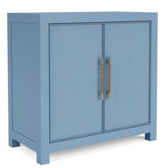 a blue cabinet with two doors and handles