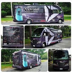 four different views of a tour bus parked on the side of the road in front of some trees