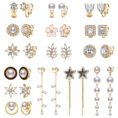 PRICES MAY VARY. 【You Will Get】: 15 pairs non pierced gold clip earrings, including 12 pairs clip on stud earrings and 3 pairs clip dangle earrings. The design elements contains crystal, faux pearl, flower, leaf, heart, star. 【Environmental Materials】: The women’s clip-on earrings is made of crystal, simulated pearls, anti pain rubber pads and environmental alloy,plated them with gold tone,the color is bright and eye-catching.It is nickel lead free, hypoallergenic, lightweight, high resistance t Non Pierced Earrings, Raven Necklace, Multiple Earrings, Earrings For Girls, Gold Clips, Pierced Jewelry, Girls Earrings, Pierced Earrings, Teen Girls