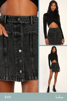 A good denim skirt never goes out of style, so we can't wait to get our hands on the perfect vibes of the Lulus Real Babe Black High Waisted Button-Up Denim Mini Skirt! Sturdy cotton denim shapes this effortlessly cool mini skirt that has a high waist, belt loops, eye-catching angled front pockets, and back patch pockets. Washed effect and seaming details throughout add a unique flair, and a front button placket finishes the look. Fit: This garment fits true to size. Length: Mid-thigh. Size medi Fitted Button-up Denim Skirt For Fall, Trendy Dark Wash Skirt For Fall, Trendy Denim Skirt For Night Out In Spring, Edgy Bottoms With Button Closure For Fall, Edgy Mini Denim Skirt For Fall, Edgy Denim Skirt In Dark Wash For Fall, Trendy High Rise Skirt For Fall, Trendy Spring Denim Skirt With Button Closure, Edgy Dark Wash Denim Skirt For Fall