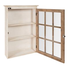 an open bookcase with three shelves and two mirrors on the front, side by side