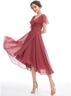 JJ's House Ruffle Chiffon V-Neck Fall Spring Summer Winter A-line Plus General Back Zip Minimalist Beach Simple Vintage Sweet & Flow Cinnamon Rose No Asymmetrical Red Model Name:Katy  Height:5.7ft（173cm）  Bust:40in（101cm）  Waist:32in（83cm）  Hips:44in（112cm） Custom S. #JJ's House #Ruffle #Chiffon #VNeck #Fall #Spring #Summer #Winter #Aline #Plus #General #BackZip #Minimalist #Beach #Simple #Vintage #Sweet&Flow #CinnamonRose #No #Asymmetrical #Red #CustomSize # Cute Prom Dresses Long Knee Length, Asymmetrical Bridesmaid Dress, Short Sleeve Prom Dresses, Ruffles Bridesmaid Dresses, Princess Bridesmaid Dress, Homecoming Dress Short, V Neck Cocktail Dress, A Line Cocktail Dress, Chiffon Cocktail Dress