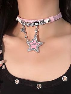 This pink and white PU choker comes in two styles for you to choose from. One features decorations of stars, hearts, a cross, and a heart pendant, while the other features heart and star decorations with a star pendant. Both options are perfect for adding a touch of sweetness and charm to your outfit. Made with high-quality materials, these chokers are perfect for anyone who loves Lolita or kawaii fashion. Add a whimsical and adorable touch to your look with these lovely chokers.  The price is for a choker only, others are not included. Pink Punk Choker For Gift, Pink Punk Choker As Gift, Pink Punk Choker As A Gift, Punk Style Pink Choker Gift, Trendy Pink Star-shaped Jewelry, Punk Star-shaped Necklace For Parties, Trendy Pink Necklace With Star Charm, Pink Punk Necklace For Party, Pink Punk Jewelry For Party