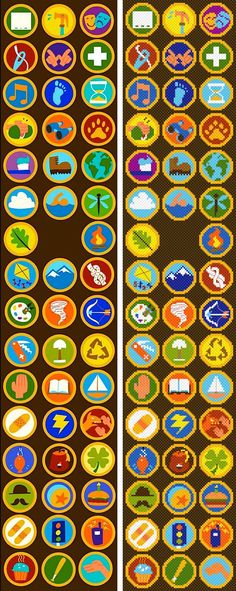 two rows of different colored badges on a brown background