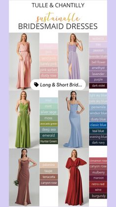 bridesmaid dresses in different colors and styles with the words tulle & shantily