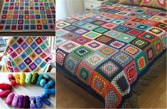 crocheted bedspreads and blankets are shown in different colors