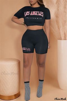 Olivia Mark - Womens Black Casual Two-Piece Set with Letter Print, Patchwork Design, O Neck, and Short Sleeves Fitted Black Sets With Letter Print, Black Stretch Sets With Letter Print, Short Sleeve Suit, Patchwork Designs, Casual Sets, Two Piece Sets, Black Casual, Olivia Mark, Letter Print