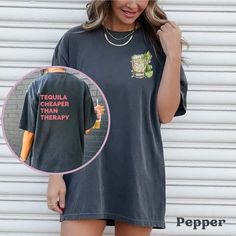 This funny tequila shirt is the perfect graphic tee for this summer!  ABOUT THE SHIRT Comfort Colors 1717 Unisex Jersey Short Sleeve 100% Ringspun Soft Cotton Fits True To Size - Size UP 1-2 Sizes For An Oversized Look RETURN POLICY All items are made to order specially for you! We do not accept returns or exchanges unless the item is printed incorrectly. We want you to love your order, so please be sure to check size charts and ask any questions if you have any! Let me know if you have any ques Cinco De Mayo Graphic Print T-shirt, Graphic Tee With Letter Print For Cinco De Mayo, Cinco De Mayo Graphic Tee With Letter Print, Black Graphic T-shirt For Cinco De Mayo, Black Cinco De Mayo Graphic T-shirt, Cinco De Mayo Black Graphic T-shirt, Black Graphic Print Top For Cinco De Mayo, Tequila Humor, Cheaper Than Therapy