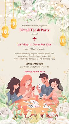 a birthday party flyer with three people playing cards on a table surrounded by flowers and greenery