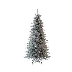 a white christmas tree with snow on the top and bottom branches, in front of a white background