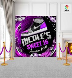 an advertisement for nicole's sweet 16 sneaker party with purple and black shoes