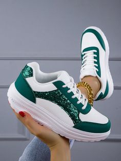 Verde Oscuro Preppy,Deportivo Collar   Color combinado,Liso  Embellished Green Preppy, Student Shoes, Basket Sport, Shoes Chunky, Casual Sneakers Women, Sneakers Mode, Tenis Casual, Kids Sleepwear, Outdoor Shoes