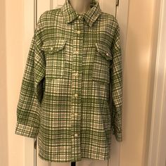 Nwt Beautiful Shacket Size Medium Green & White W/Pearl Buttons Pit To Pit 23” Collar To Hem 30” Casual Button-up Outerwear By Forever 21, Forever 21 Button-up Outerwear, Plaid Single-breasted Button-up Outerwear, Plaid Button-up Shacket With Pockets, Navy Blue Vest, Lightweight Denim Jacket, Plaid Button-up Outerwear With Button Closure, Purple Blazer, Corduroy Coat