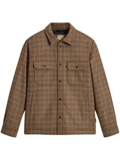 brown duck down wool blend check pattern press-stud fastening classic collar long sleeves chest flap pocket two side welt pockets straight hem press-stud fastening cuffs Over Shirt, City Shorts, Balenciaga Triple S, Summer Beach Wear, Short Suit, Sweaters Knitwear, Duck Down, Check Pattern, Light Jacket