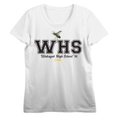 Show some school pride with this Yellowjackets tee. The shirt features black letters that spell out, "WHS," while a yellowjacket mascot flies above the text. The tee comes in a white short sleeve crew neck. Yellowjackets fans will love this comfy cotton tee. White Collegiate Tops For School, White Varsity Tops For School, Collegiate Style School T-shirt With Screen Print, Varsity Style Letter Print T-shirt For School, Collegiate T-shirt With Team Name For School, White Varsity T-shirt For School, School Fan Apparel Crew Neck Top, Varsity Crew Neck T-shirt For School, Collegiate Tops With Team Name For School