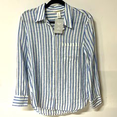 H&M 100% Natural Linen Women’s Blouse Long Sleeve Sz S Oversized Nwt White Blue Stripes Retail $34.99 Spring Blue Linen Blouse, Blue Linen Blouse For Spring, Casual Striped Blouse For Daywear, Blue Linen Tops For Fall, Casual H&m Shirt For Day Out, Striped Linen Tops For Work, H&m Striped Tops, H&m Blue Workwear Top, H&m Blouse For Summer Workwear