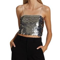 Embellished With Oversized Metallic Discs Squareneck Spaghetti Straps Back Zip Closure Strapless Sequined Crop Top For Summer, Spring Sequined Spaghetti Strap Crop Top, Spring Strapless Sequin Tops, Strapless Sequin Tops For Spring, Strapless Sequin Tops For Party Season, Embellished Strapless Top For Night Out, Sequin Bandeau Top For Party, Strapless Embellished Tops For Night Out, Summer Sequined Bandeau Tops