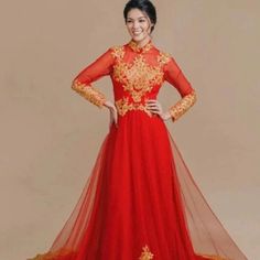 Voan, Chiffon Description Brand New High Quality Vietnamese Wedding Ao Dai With Red Pants. Fast/Free Priority Shipping (1-3 Days Delivery) Via Usps. Size Bust Waist S 32in/81cm 26in/66cm M 33in/84cm 27in/69cm L 35in/89cm 30in/76cm Xl 37in/94cm 31in/79cm 2xl 39in/99cm 35in/89cm 3xl 40in/102cm 36in/91cm 4xl 43in/109cm 37in/94cm 5xl 44in/112cm 38in/97cm 6xl 45in/114cm 40in/102cm Ao Dai Length Is 56-57in Pants Length Is 44in Please Provide Bust, Waist, Biceps And Hip Measurements When Placing Your O Red Long Sleeve Organza Dress, Organza Wedding Dresses With Gold Embroidery, Long Sleeve Wedding Gown With Gold Embroidery, Wedding Dresses With Gold Embroidery In Red, Long Sleeve Red Gown With Intricate Embroidery, Red Long Sleeve Gown With Intricate Embroidery, Red Wedding Dresses With Gold Embroidery, Red Wedding Dress With Intricate Embroidery, Red Embroidered Long Sleeve Gown