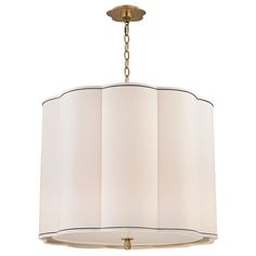 a chandelier hanging from the ceiling with white shades on it's lampshade