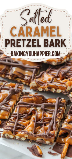 salted caramel pretzel bark on a baking sheet with text overlay